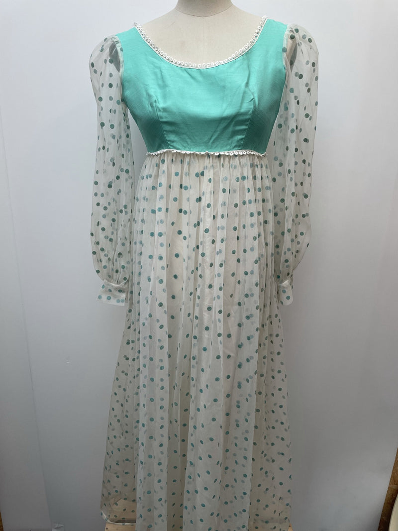 zip back  zip  womens  vintage  Urban Village Vintage  urban village  sheer  semi sheer  Polka Dot  maxi dress  maxi  long sleeve  Green  dress  balloon sleeves  balloon sleeve  balloon  70s  10