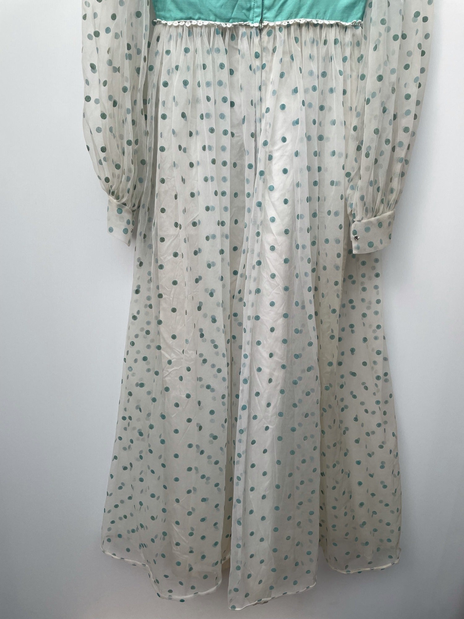 zip back  zip  womens  vintage  Urban Village Vintage  urban village  sheer  semi sheer  Polka Dot  maxi dress  maxi  long sleeve  Green  dress  balloon sleeves  balloon sleeve  balloon  70s  10