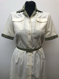 10  womens  white  waist belt  vintage  Urban Village Vintage  Shubette  short sleeved  removable collar  midi dress  midi  green trim  dress  cream  belted dress  70s  1970s