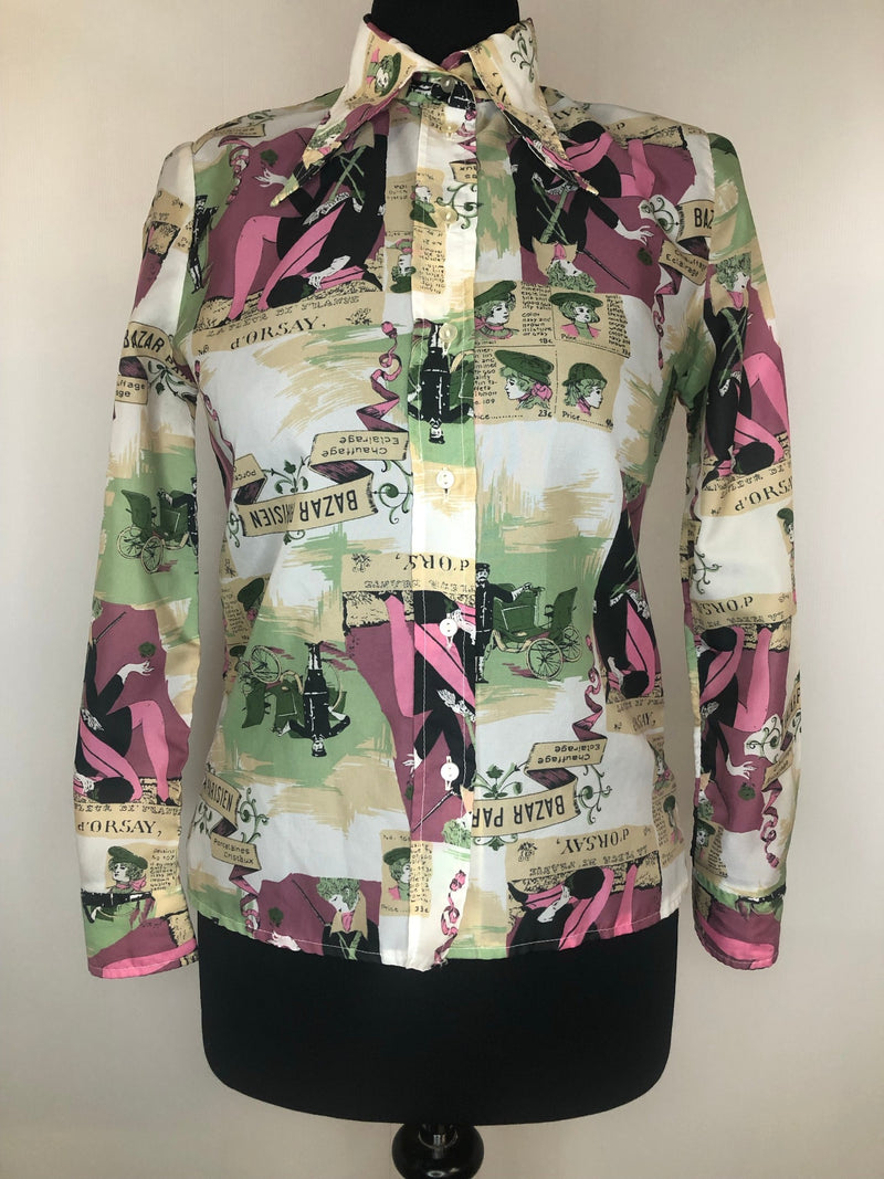 womens shirt  womens  white  vintage  Urban Village Vintage  urban village  summer  Shirt  retro  Playmaid  pink green  patterned  multi  evening blouse  cream  collar  blouse  70s  70  1970s