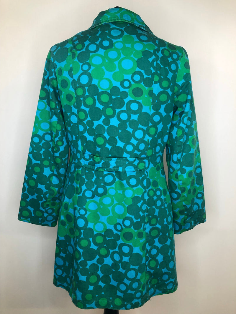 womens jacket  womens coat  womens  vintage  Urban Village Vintage  urban village  retro  psychedelic  psych  long length coat  green  coat  circle print  button front  blue  60s  1960s  10