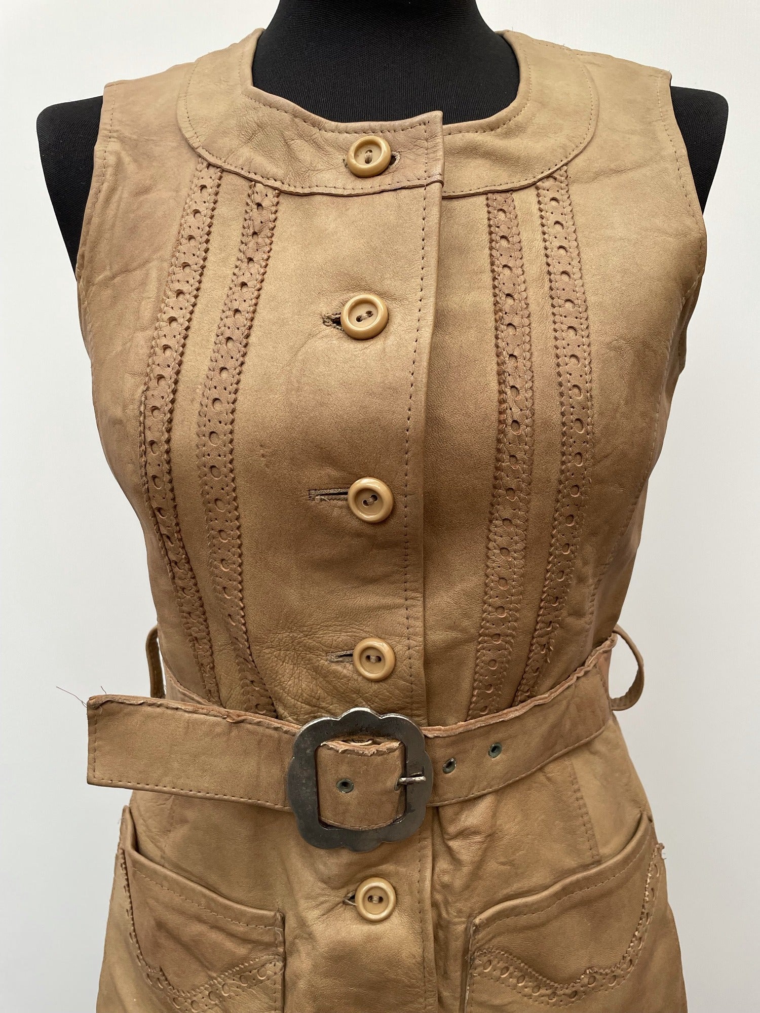 womens  waist belt  vintage  Urban Village Vintage  urban village  suede and leathercraft limited  sleevless  retro  pockets  MOD  midi dress  midi  Leather Dress  Leather  dress  button  brown  Belted waist  belted dress  belted  belt  beige  8