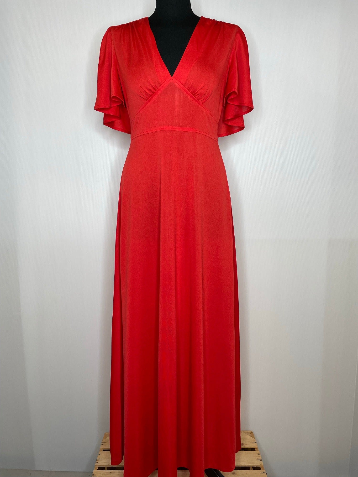 womens  vintage  v neck  Urban Village Vintage  topshop  summer  retro  red  plunge  maxi dress  maxi  long dress  flutter sleeves  festive  dress  christmas  cape  70s  70  1970s  10