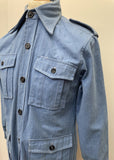vintage  Urban Village Vintage  urban village  safari style  Safari jacket  safari  pockets  mens  M  long sleeve  Light Blue  Jacket  isetan  front pockets  denim style  denim  dagger collar  collared  chest pockets  button front  button fastening  button  blue  big collar  70s  1970s