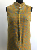 zip front dress  yellow  womens  vintage  Urban Village Vintage  square print  sleevless  retro  mustard  MOD  dress  circle zip  back zip  60s  1960s