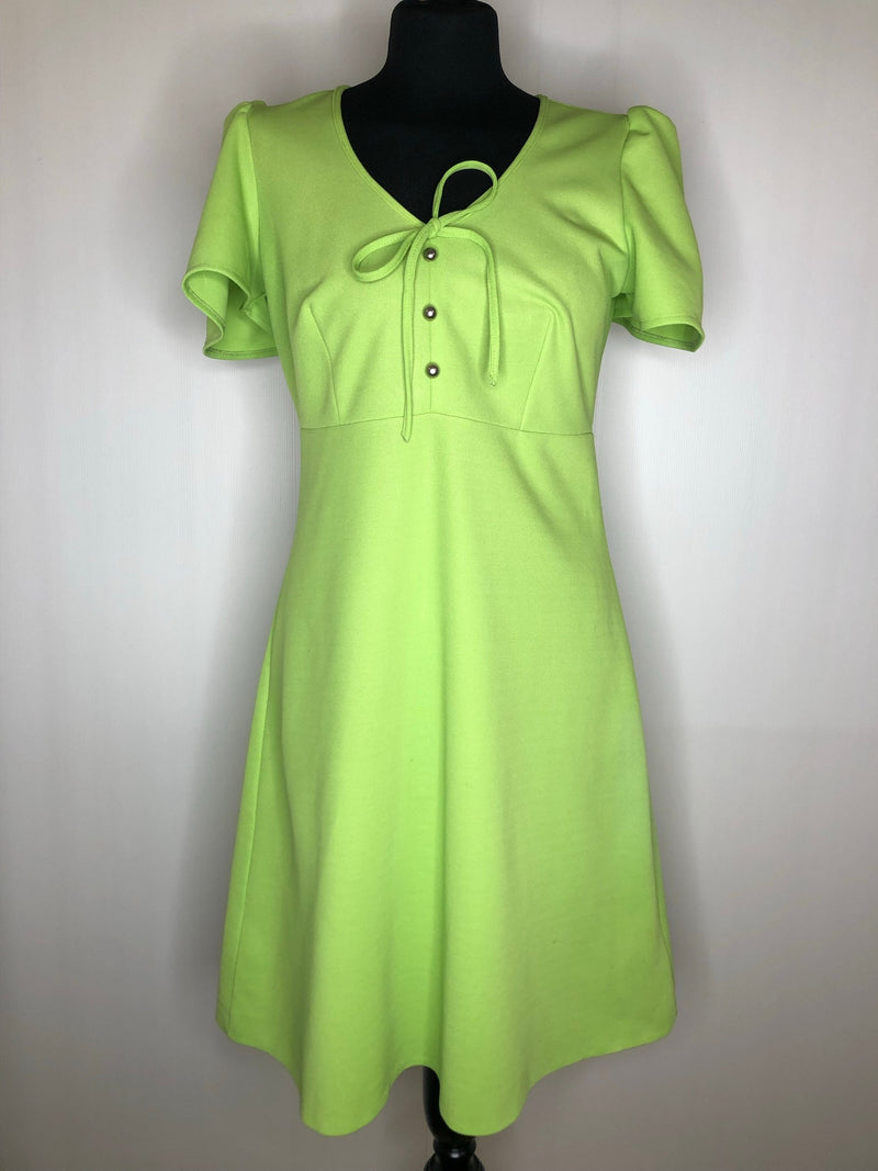 womens top  womens  vintage  summer dress  summer  short sleeved  short sleeve  MOD  midi dress  midi  high neck  green  dress  decorative buttons  decorative bow  back zip  60s  1960s  10