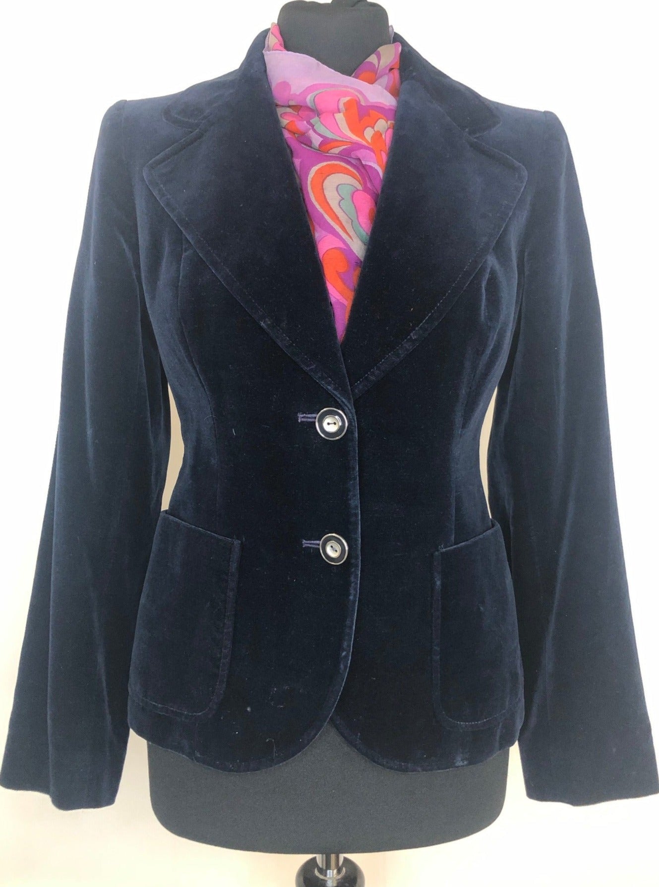 womens  vintage  velvet  Urban Village Vintage  urban village  two button  pockets  party  Mono  long sleeve  jacket  Harrods  cotton  christmas  button  blue  Blazer  black  70s  1970s  10