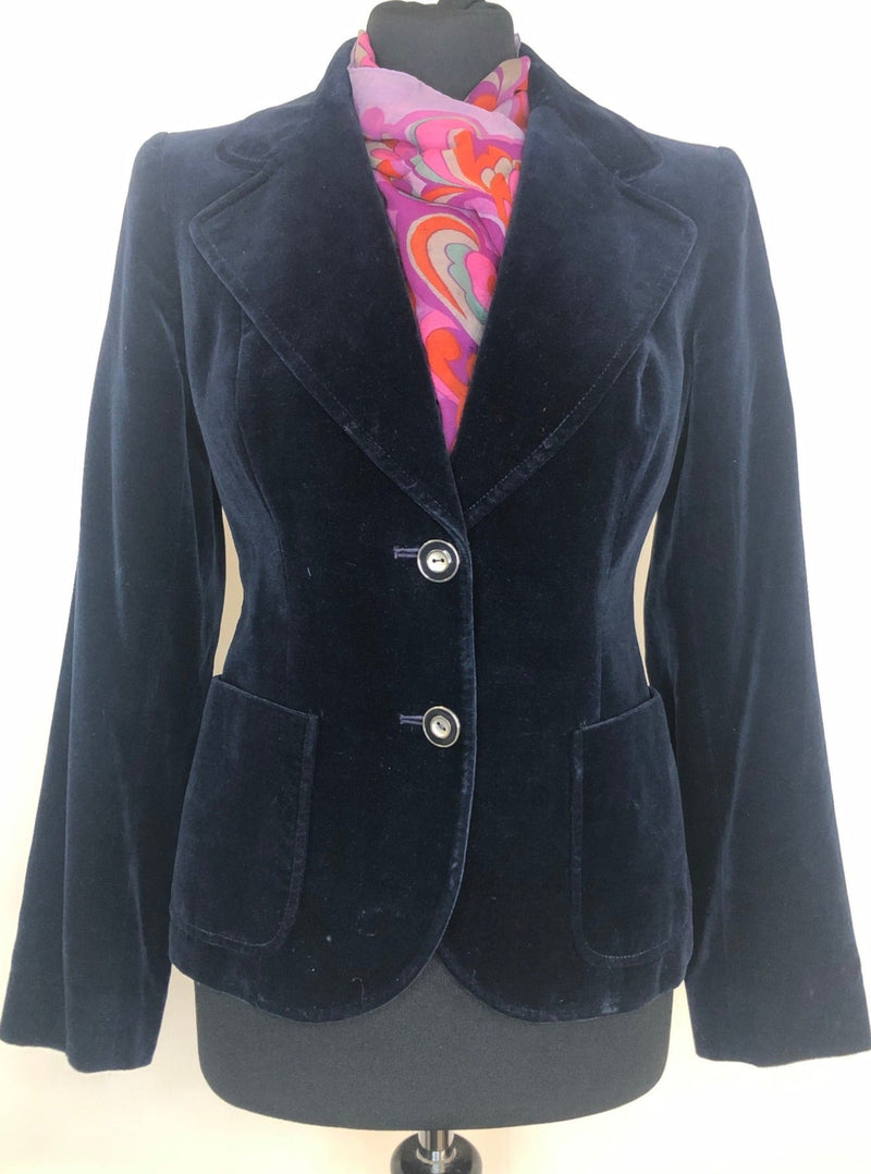 womens  vintage  velvet  Urban Village Vintage  urban village  two button  pockets  party  Mono  long sleeve  jacket  Harrods  cotton  christmas  button  blue  Blazer  black  70s  1970s  10