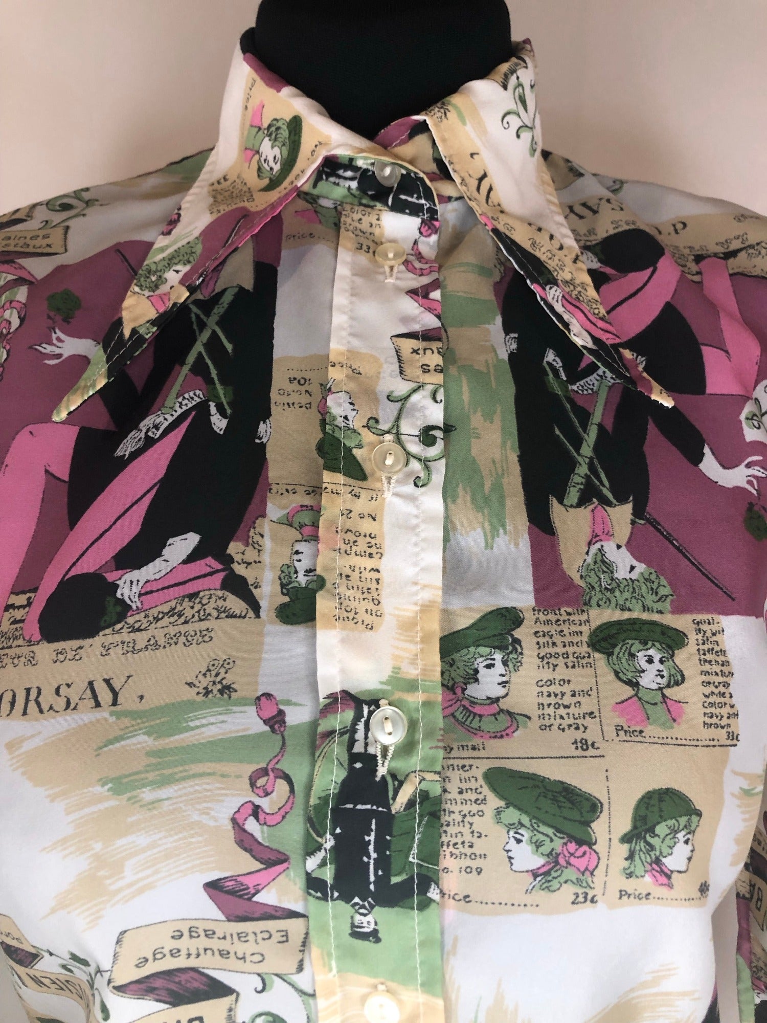 womens shirt  womens  white  vintage  Urban Village Vintage  urban village  summer  Shirt  retro  Playmaid  pink green  patterned  multi  evening blouse  cream  collar  blouse  70s  70  1970s