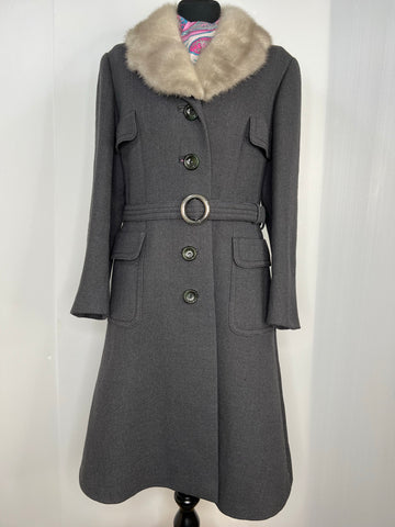 womens jacket  womens coat  womens  Winter Coat  windsmoor  waist belt  vintage  Urban Village Vintage  urban village  mink collar  Jacket  Grey  coat  button  Belted waist  belted  60s  1960s  14