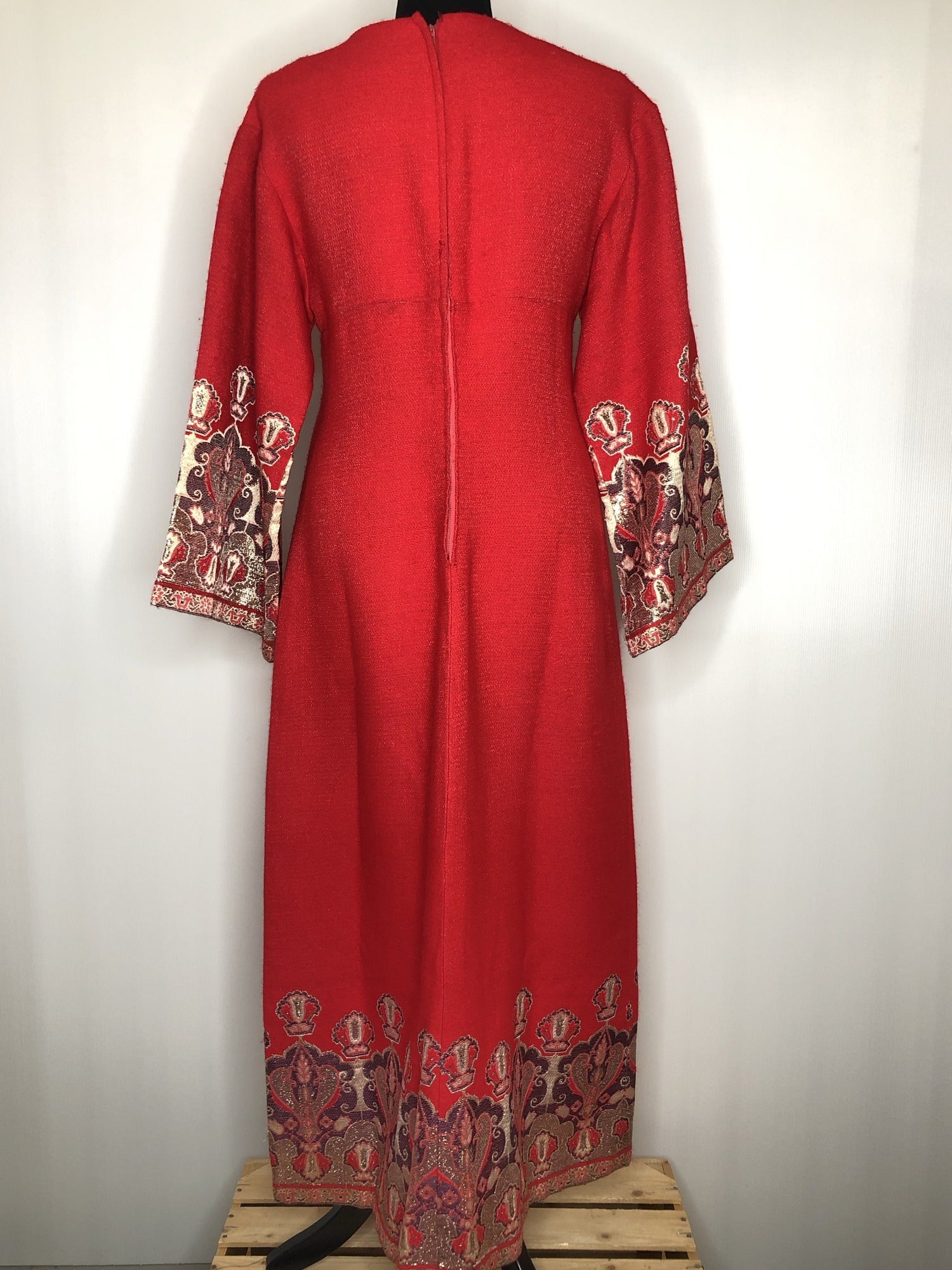 womens  vintage  Urban Village Vintage  urban village  Sybil Zelker  red  Polly Peck  metallic  maxi dress  maxi  keyhole neck  keyhole  ethnic embroidery  ethnic  boho  bohemian  bell sleeves  bell sleeve  back zip  70s  1970s  14