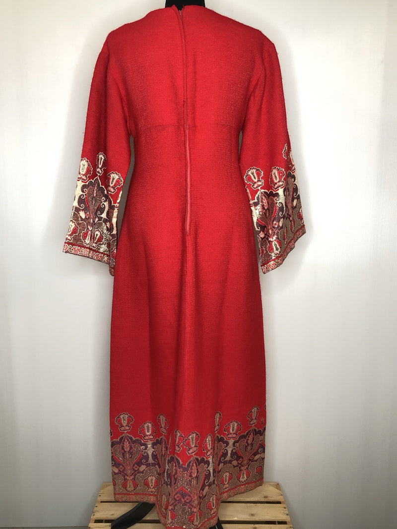 womens  vintage  Urban Village Vintage  urban village  Sybil Zelker  red  Polly Peck  metallic  maxi dress  maxi  keyhole neck  keyhole  ethnic embroidery  ethnic  boho  bohemian  bell sleeves  bell sleeve  back zip  70s  1970s  14