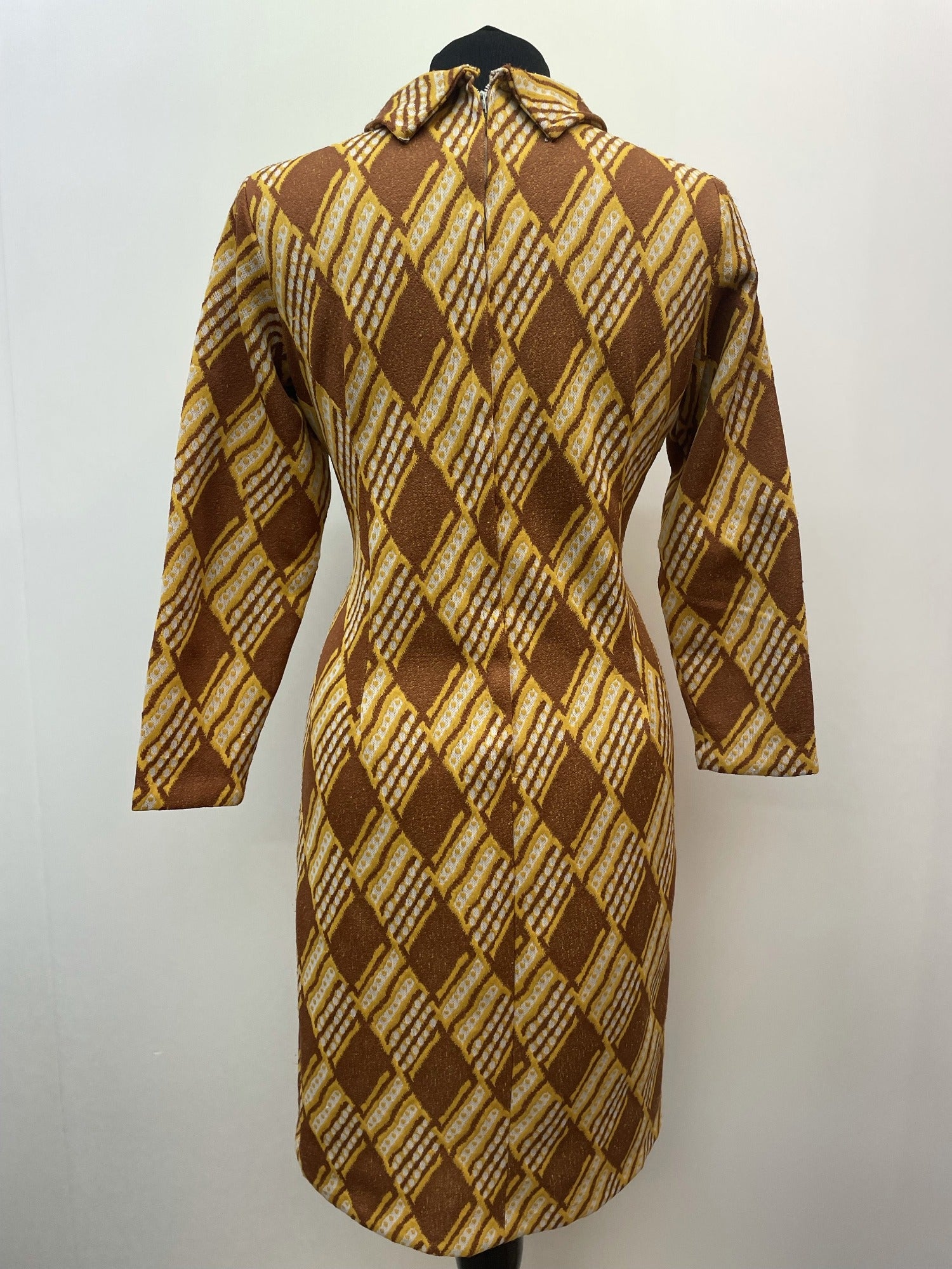 zip  Yellow  womens  vintage  Urban Village Vintage  urban village  square pattern  patterned  pattern  MOD  midi dress  midi  long sleeves  long sleeved  long sleeve  knitwear  knitted  knit dress  knit  high neck  dress  brown  back zip  60s  1960s  12