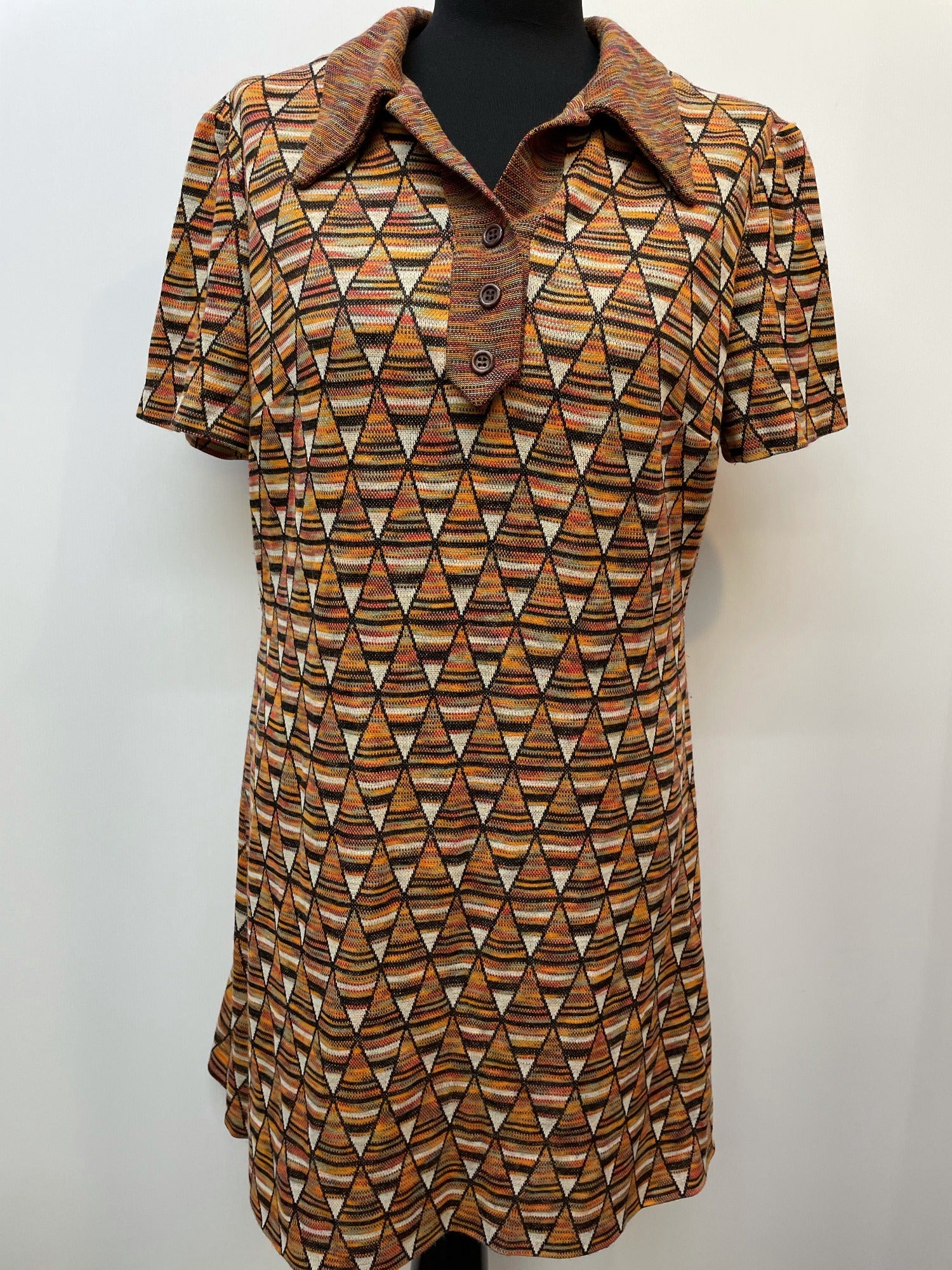 womens shirt  womens  vintage  Urban Village Vintage  urban village  triangle  shirt dress  retro  patterned  patterened  midi dress  geometric  embroidered pattern  Embroidered  dress  diamond pattern  diamond  collar dress  collar  brown  big collar  back zip  70s  70  1970s