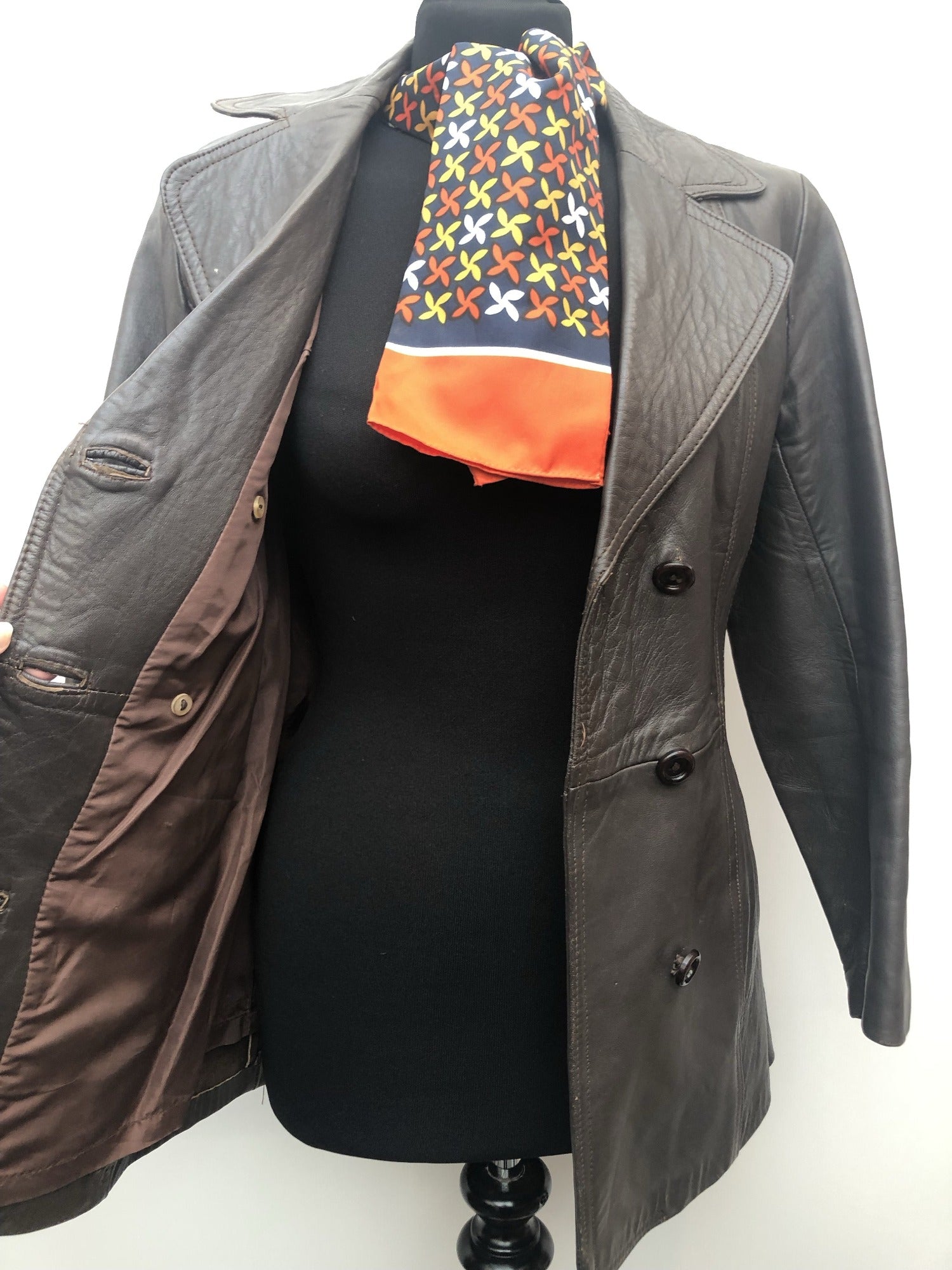 womens  vintage  Urban Village Vintage  Leather Jacket  Leather Coat  Leather  Jacket  fitted  double breasted coat  double breasted  coat  brown  8  60s  1960s