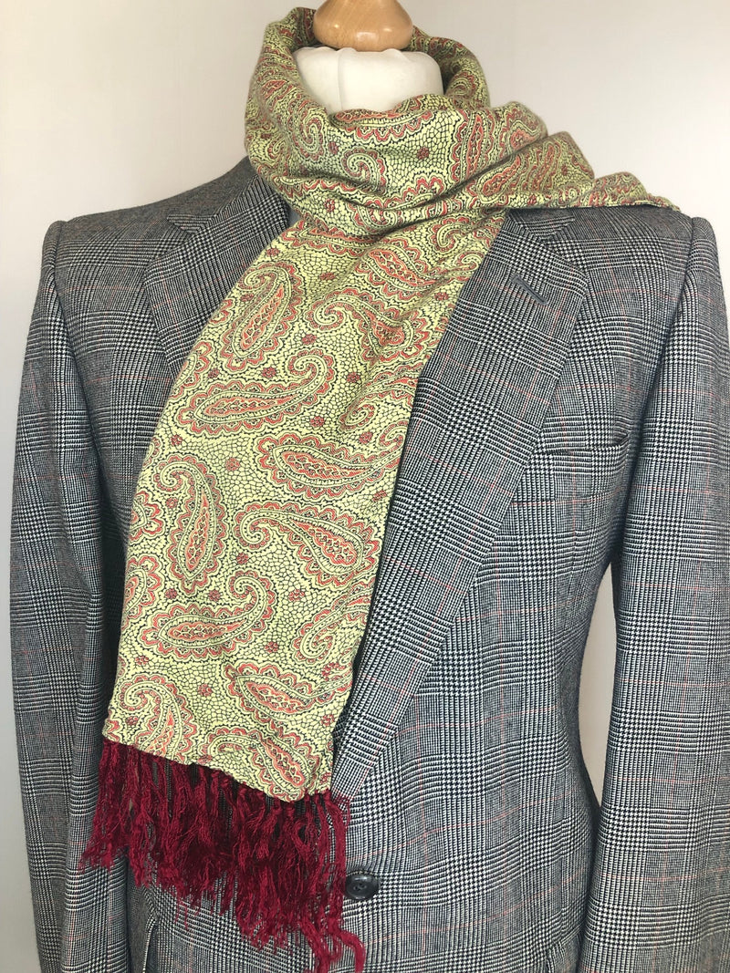 womens  vintage  Urban Village Vintage  urban village  tootal  retro  red  Paisley Print  paisley inspired  paisley  made in england  fringing  fringed  fringe  cream  burgundy  60s  1960s