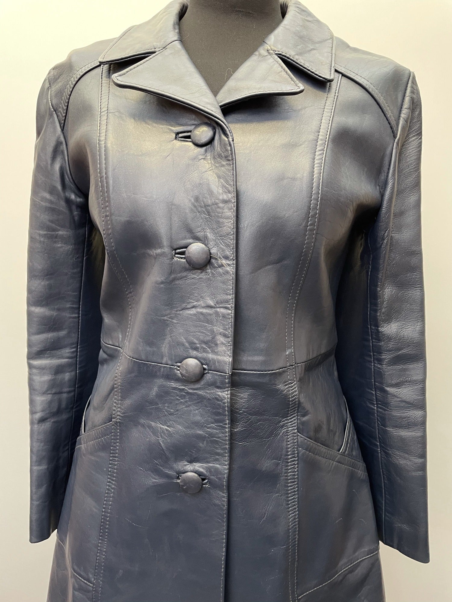 womens jacket  womens coat  womens  vintage  Urban Village Vintage  silk  retro  Navy Jacket  Navy  MOD  mens  lining  leather stitch  Leather Jacket  Leather  Jacket  button down  button  blue  70s  70  1970s  10