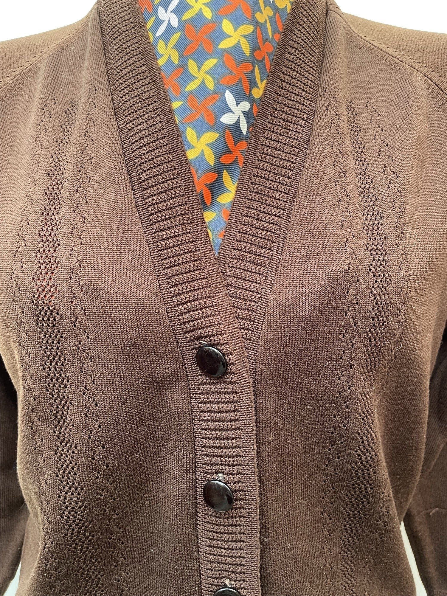 womens  vintage  Urban Village Vintage  urban village  Trevira 2000  trevira  stretch fabric  retro  polyester  patterned  pattern  long sleeve  knitwear  knitted  knit  elasticated  cardigan  cardi  button  brown  60s  1960s  12