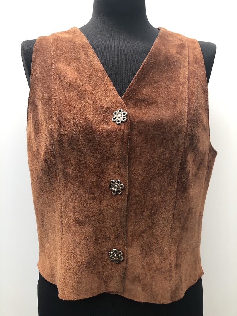 womens jacket  womens coat  womens  waistcoat  vintage  vest  Urban Village Vintage  summer  Suede Jacket  Suede  press stud fastening  Jacket  floral  decorative buttons  brown  70  60s  1970s  1960s  10