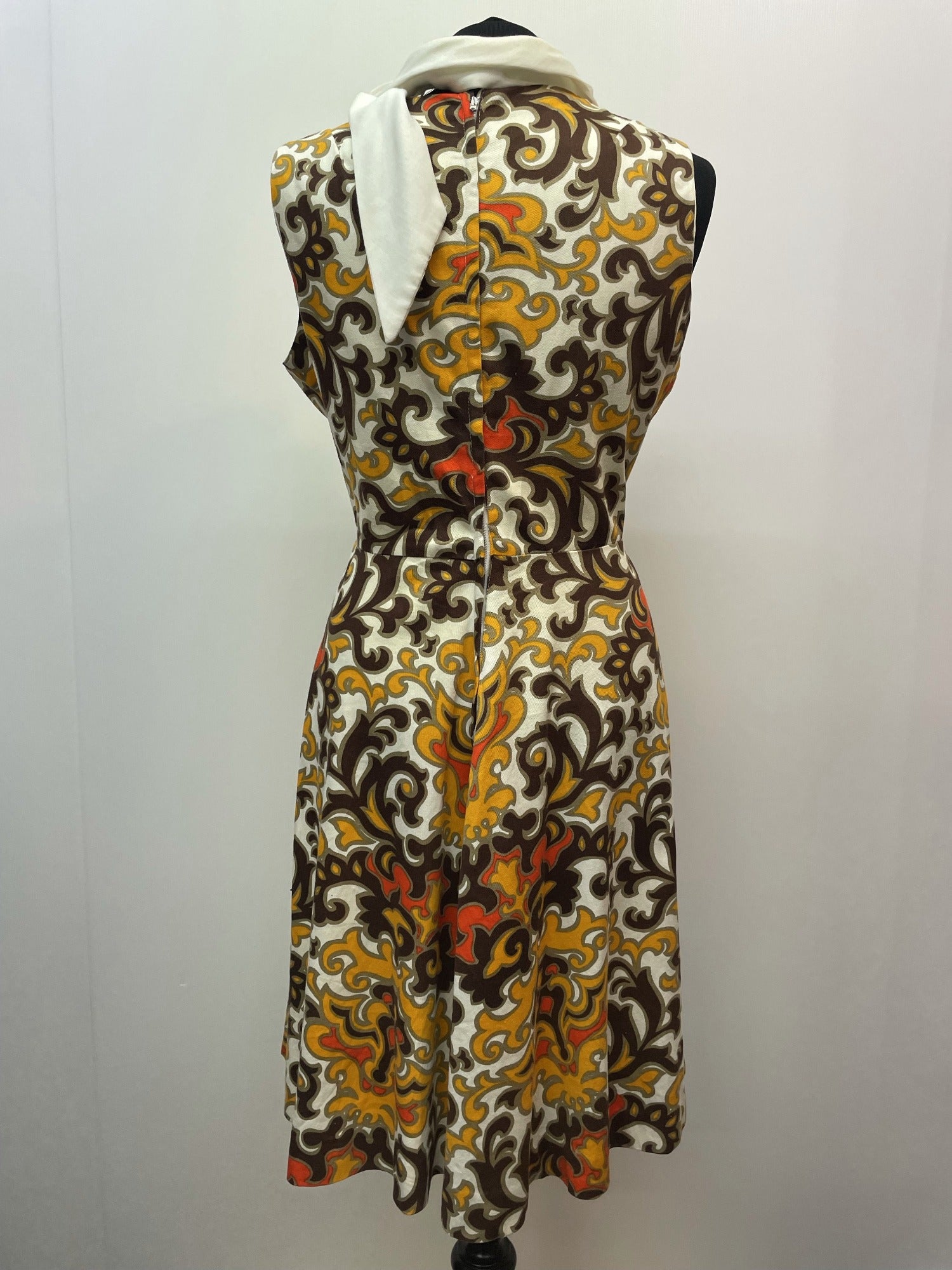 zip  womens  vintage  Urban Village Vintage  urban village  tie neck  sleevless  red  Paisley Print  paisley inspired  paisley  orange  neospun jersey  neck tie  MOD  midi dress  midi  high neck  Hamells London  dress  back zip  60s  1960s  14