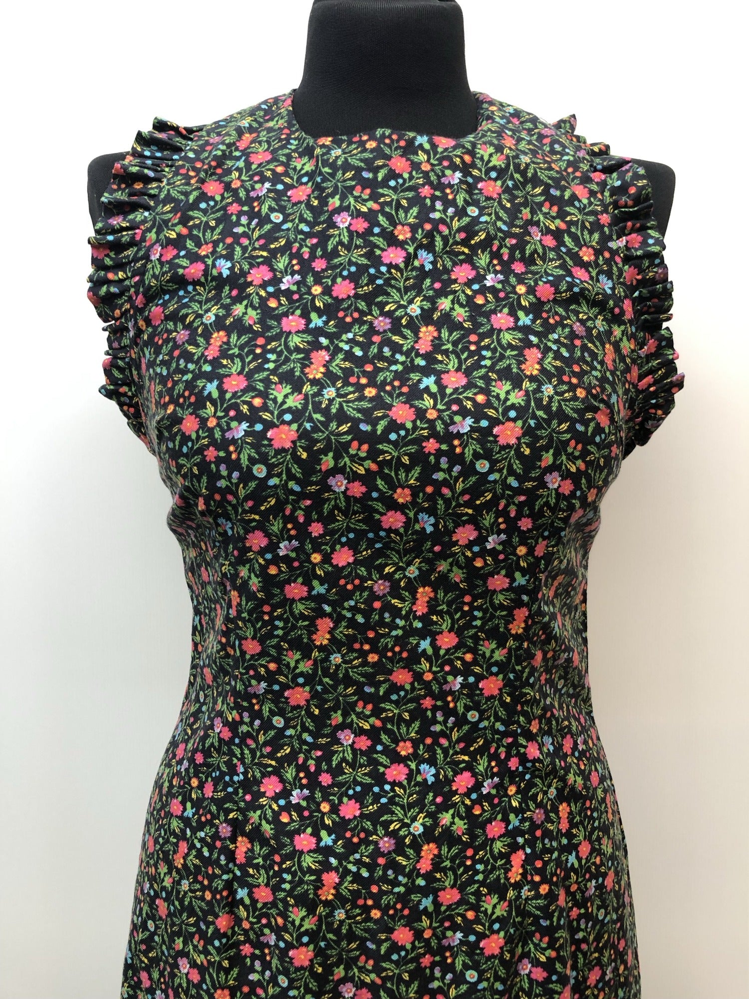 womens  vintage  Urban Village Vintage  urban village  summer dress  summer  Sportaville  NOS  New old stock  multi  midi dress  halter dress  frill trim  floral dress  dress  deadstock  black  8  70s