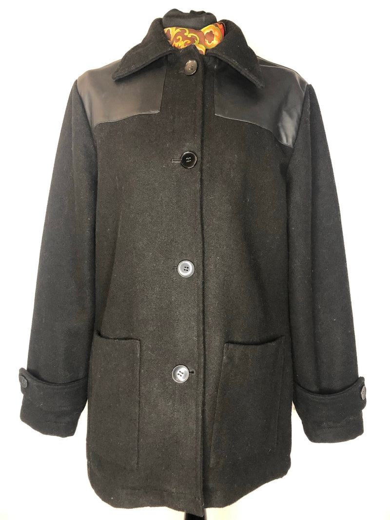 Wool blend  womens  vintage  point collar  mens  faux Leather  check lining  black  70s  1970s  14