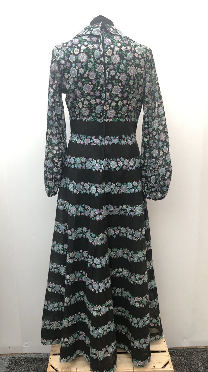 womens  vintage  Urban Village Vintage  patterned dress  patterned  multi  maxi dress  long dress  high neck  green  floral  dress  collar  blue  black  70s  70  1970s  12