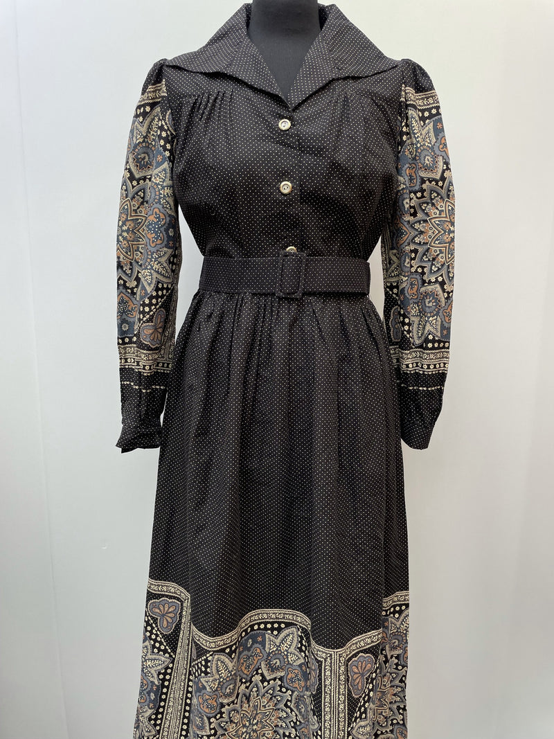 womens  waist belt  vintage  Urban Village Vintage  urban village  sleeves  sleeve  Paisley Print  paisley inspired  paisley  maxi dress  maxi  long sleeves  dress  collared dress  button up  button front  button  boho  bohemian  black  Berketex  belted dress  70s  1970s  12