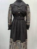 womens  waist belt  vintage  Urban Village Vintage  urban village  sleeves  sleeve  Paisley Print  paisley inspired  paisley  maxi dress  maxi  long sleeves  dress  collared dress  button up  button front  button  boho  bohemian  black  Berketex  belted dress  70s  1970s  12