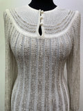 womens  white  vintage  Urban Village Vintage  urban village  tricoville  stretch fabric  sheer  semi sheer  patterned dress  patterned  maxi dress  maxi  long sleeve  light knit  knitwear  knitted  knit dress  knit  elasticated  dress  button up  button  8  70s  1970s