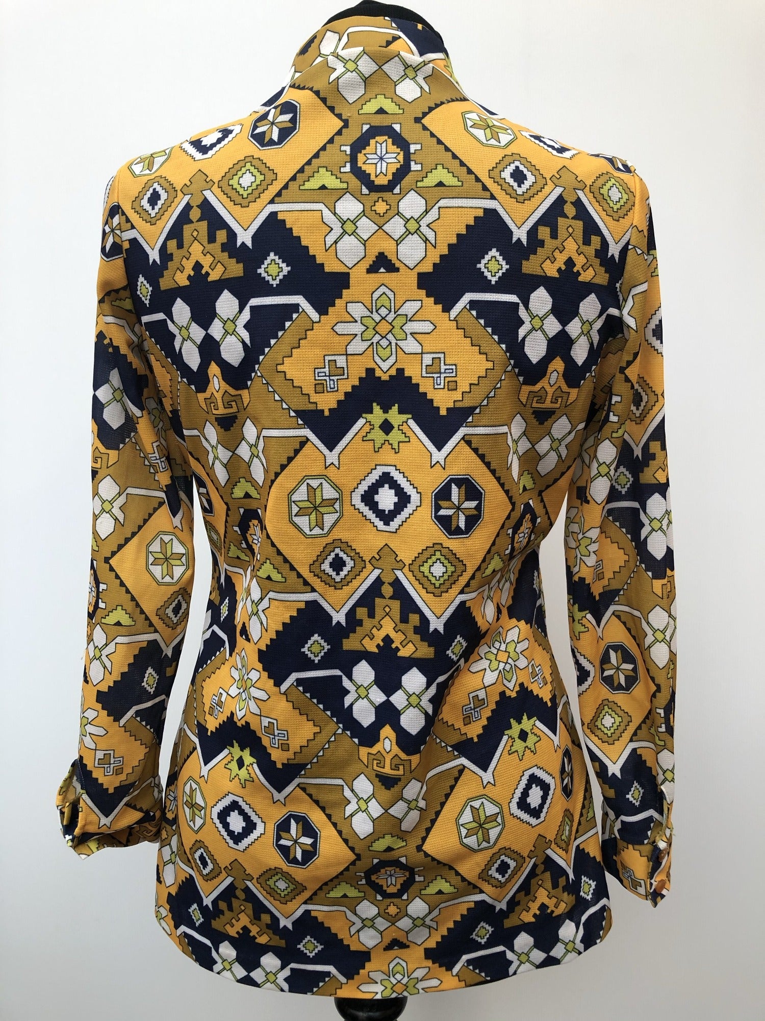 Yellow  womens shirt  womens  vintage  Urban Village Vintage  urban village  Shirt  psychedelic  psych  printed shirt  patterned  patterened  paisley inspired  long sleeve  evening blouse  collar  blue  blouse  70s  70  1970s  10