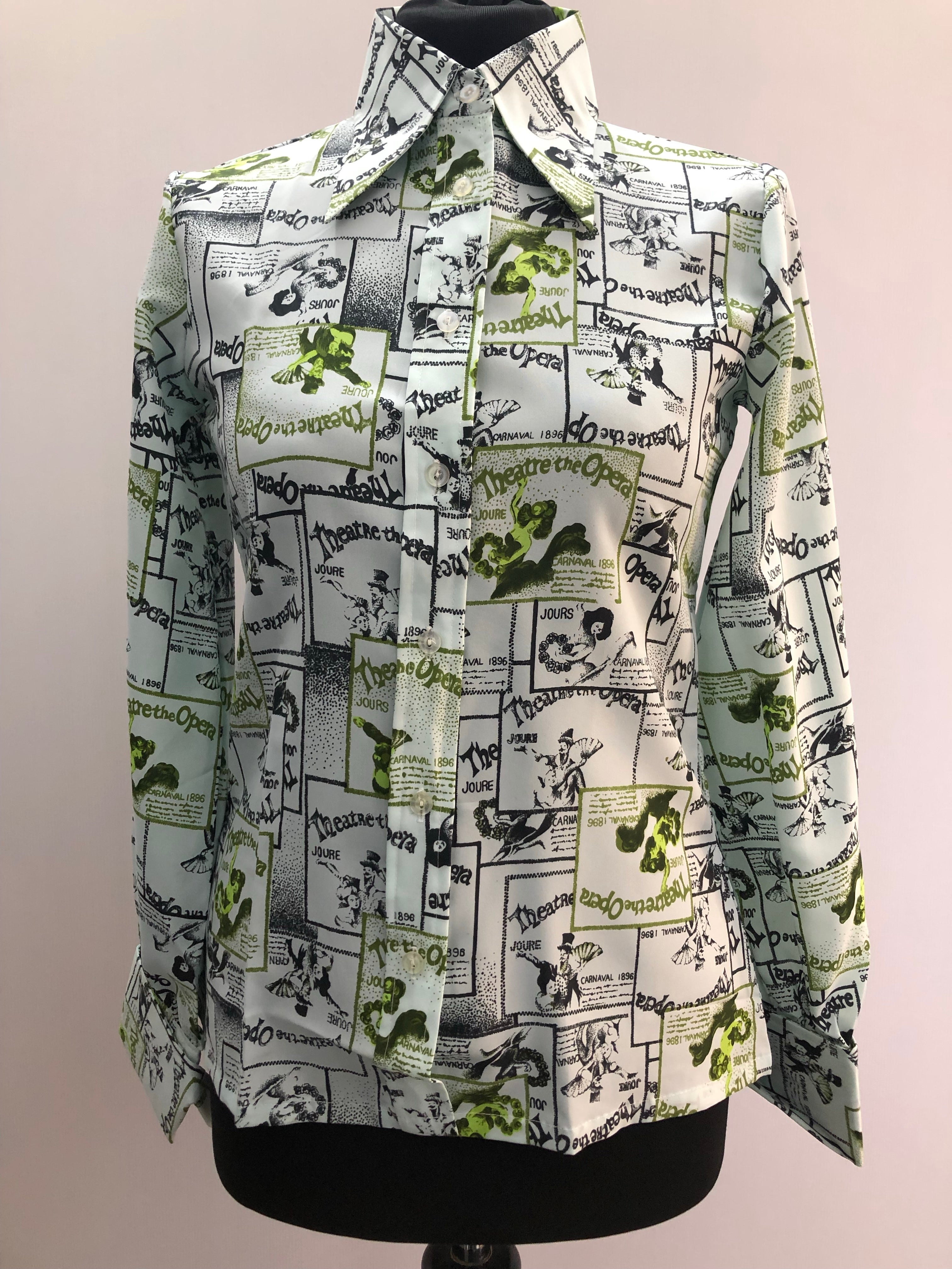 1970s Dagger Collar Novelty Theatre Print Shirt - Size UK 10