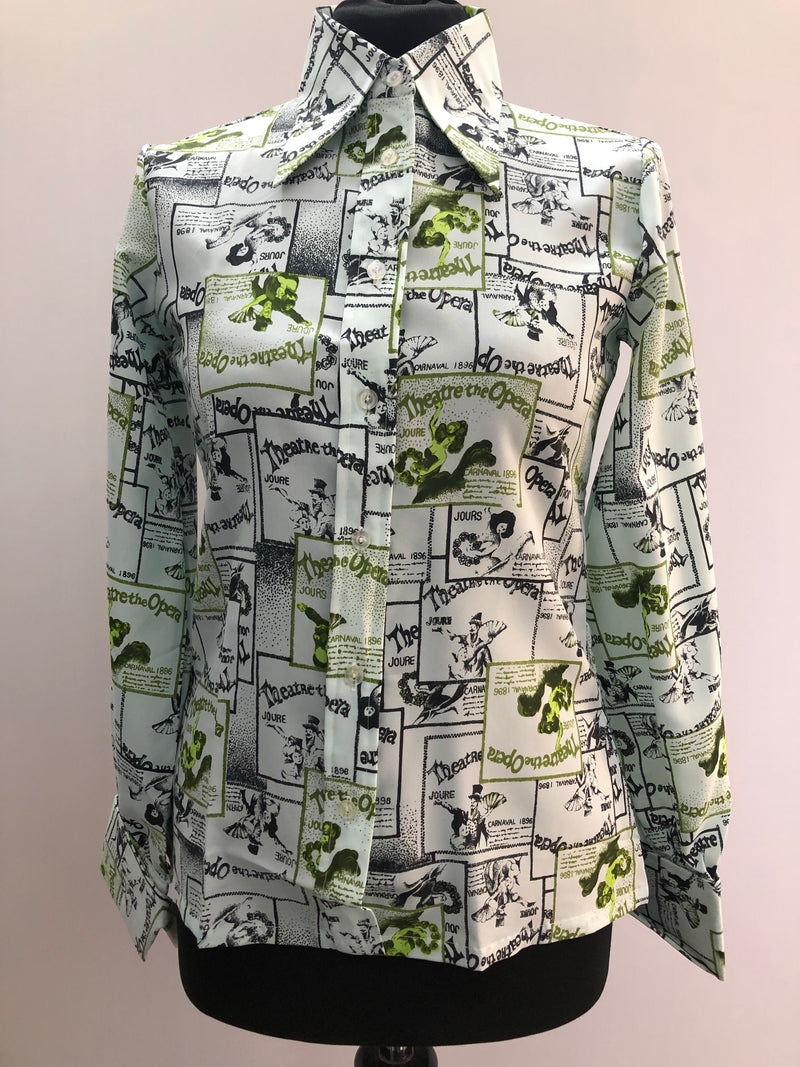 1970s Dagger Collar Novelty Theatre Print Shirt - Size UK 10