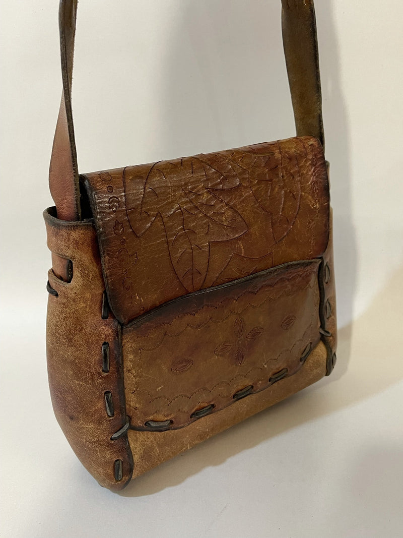 tooled  hippy  hippie  boho  womens bag  womens  vintage  Urban Village Vintage  tan  Shoulder bag  shoulder  Leather  leaf design  handbag  hand bag  embossed  brown  bag  accessories  70s  1970s