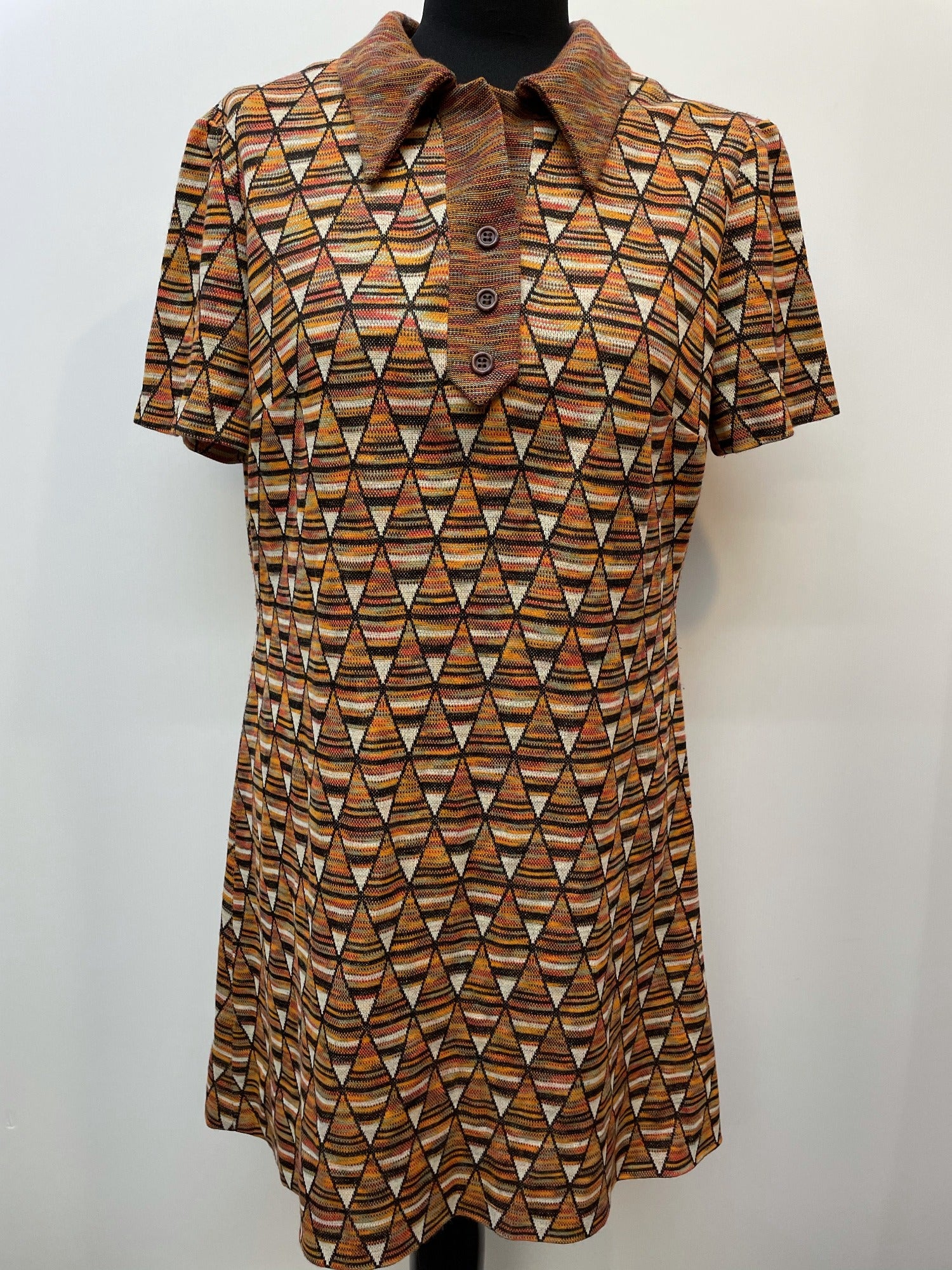 womens shirt  womens  vintage  Urban Village Vintage  urban village  triangle  shirt dress  retro  patterned  patterened  midi dress  geometric  embroidered pattern  Embroidered  dress  diamond pattern  diamond  collar dress  collar  brown  big collar  back zip  70s  70  1970s