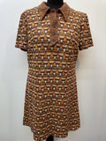 womens shirt  womens  vintage  Urban Village Vintage  urban village  triangle  shirt dress  retro  patterned  patterened  midi dress  geometric  embroidered pattern  Embroidered  dress  diamond pattern  diamond  collar dress  collar  brown  big collar  back zip  70s  70  1970s
