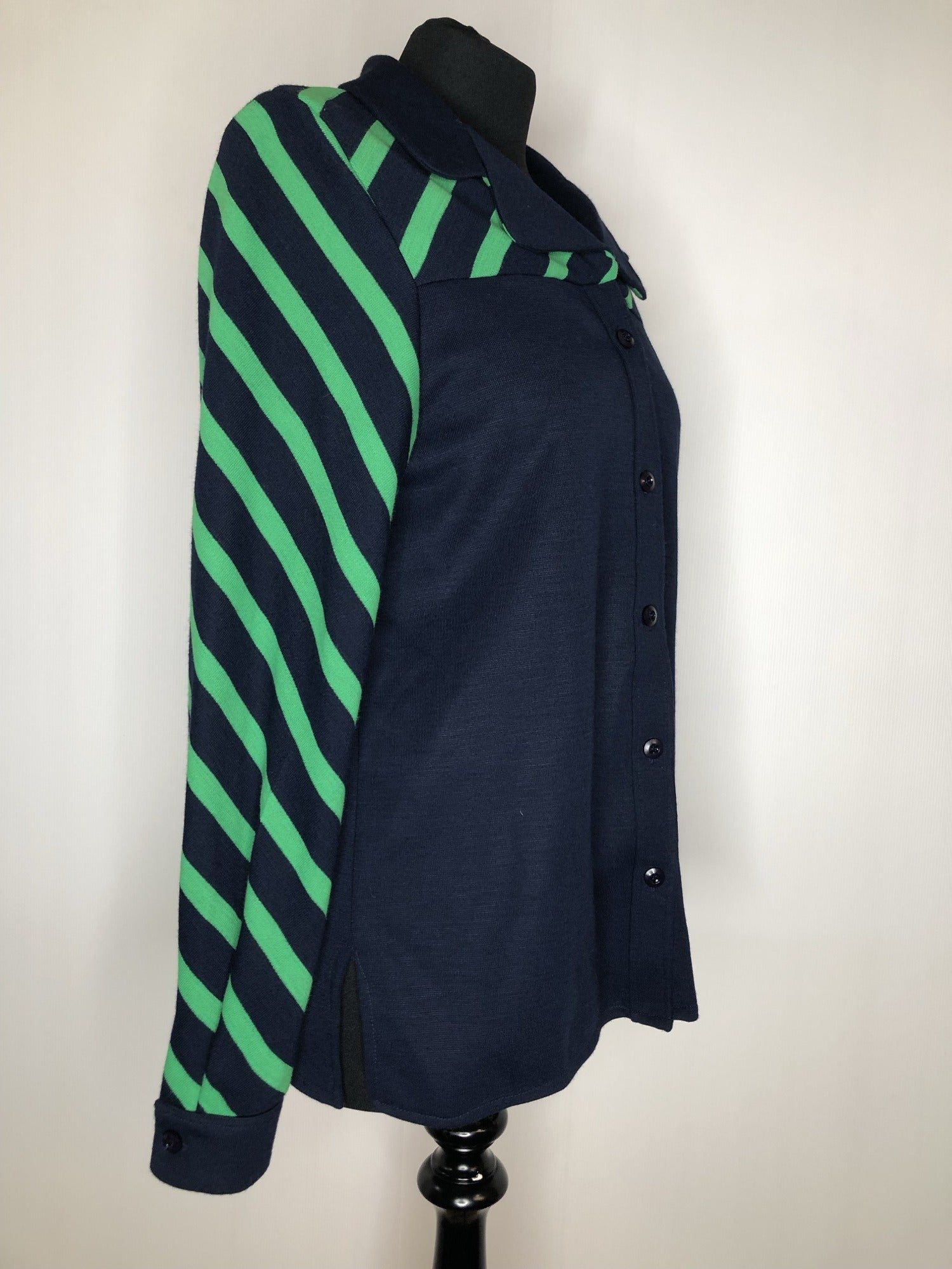womens  vintage  Urban Village Vintage  urban village  Stripes  shirt  round collar  long sleeve  Highlight  Green  collar  button front  button  blue  blouse  big collar  70s  1970s