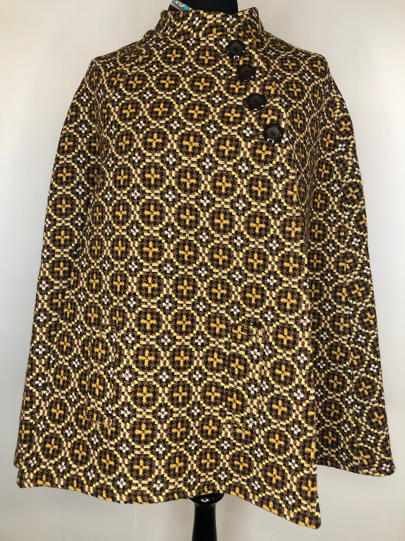 yellow  wool  womens  Welsh Woollens  welsh wool  welsh  vintage  tapestry  S  patterned  MOD  jacket  coat  brown  60s  1960s