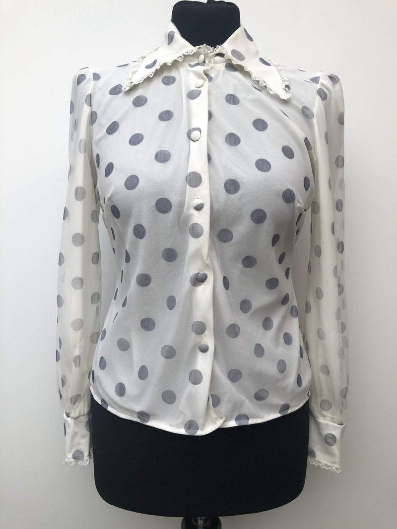 womens  vintage  Urban Village Vintage  urban village  Shirt  printed  print  polka dot  Nylon  long sleeves  long sleeve  lace trim  collar  brown  blue  blouse  70s  70  1970s  12