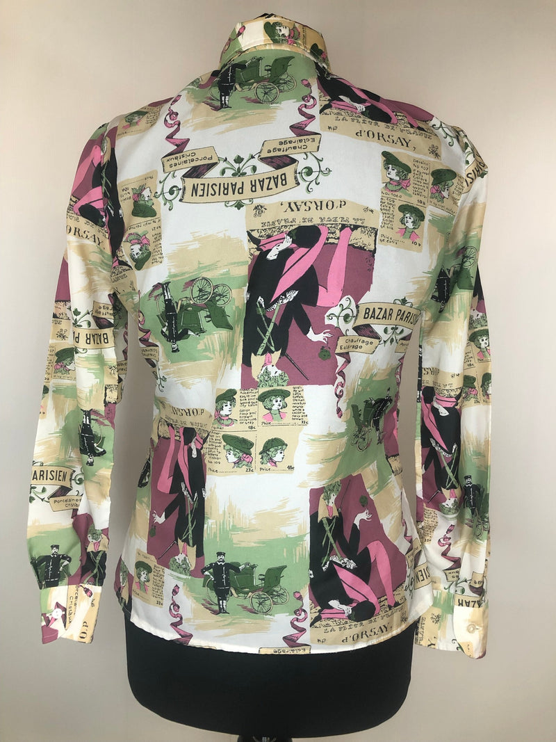 womens shirt  womens  white  vintage  Urban Village Vintage  urban village  summer  Shirt  retro  Playmaid  pink green  patterned  multi  evening blouse  cream  collar  blouse  70s  70  1970s