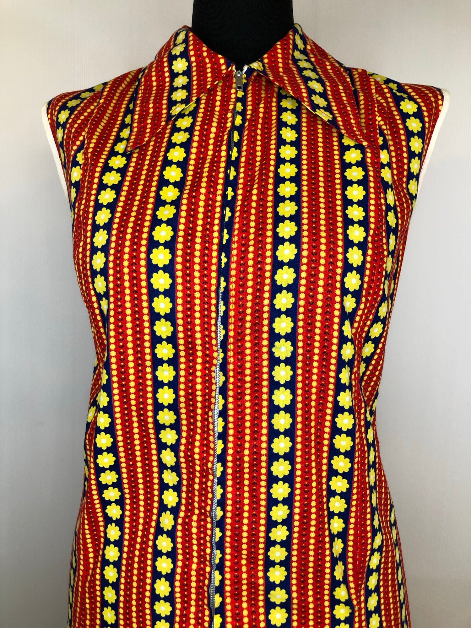 womens  vintage  Urban Village Vintage  summer dress  stripes  sleeveless  red  print dress  print  multi  floral print  floral  dress  dagger collar  Corilea Fashions  balloon sleeve  70s  1970s  12