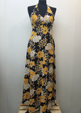 Yellow  womens  vintage  v neck  Urban Village Vintage  summer dress  sleeveless  maxi dress  maxi  long dress  floral print  dress  brown  8  70s  1970s