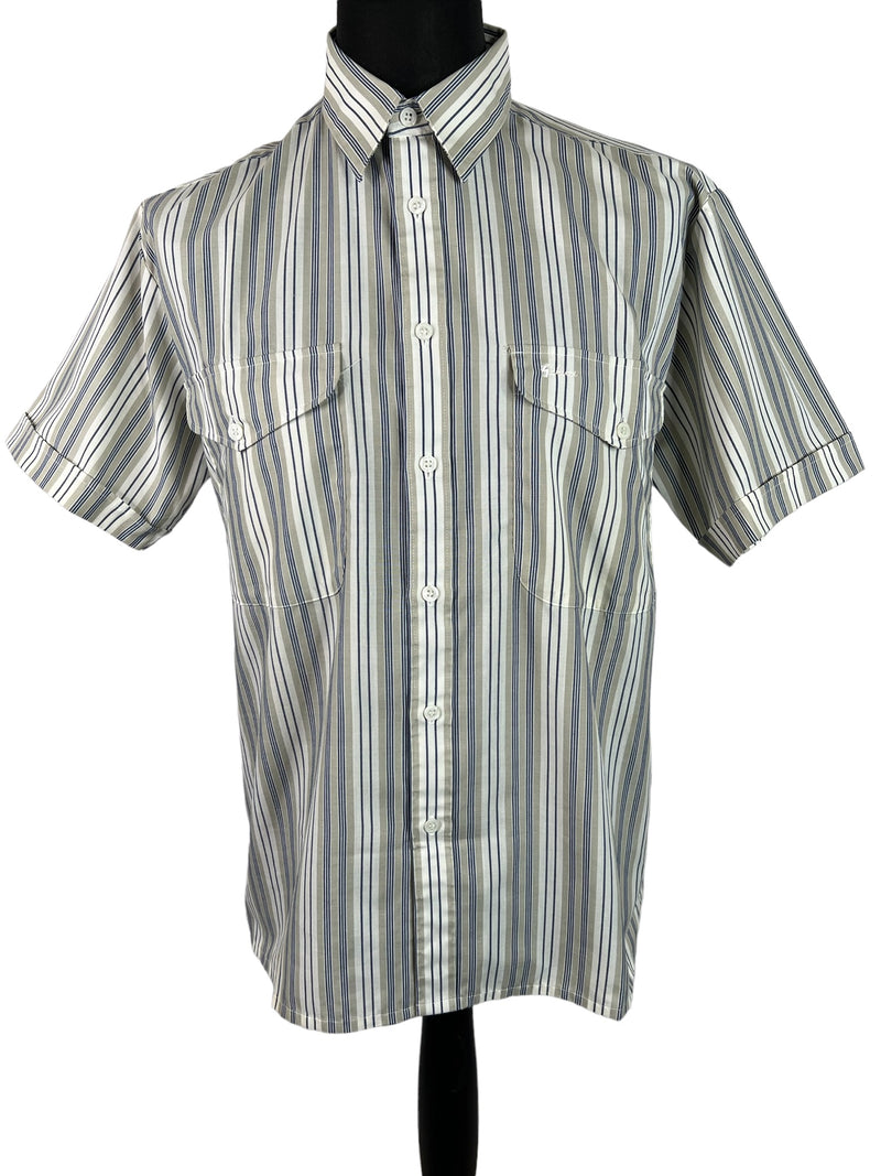 vintage  Urban Village Vintage  top  stripey  Stripes  striped  stripe pattern  stripe detailing  stripe  short sleeved shirt  short sleeved  short sleeve  Shirt  multi  mens  L  Gabicci  embroidered logo  Embroidered  blue stripes  beige  70s  1970s