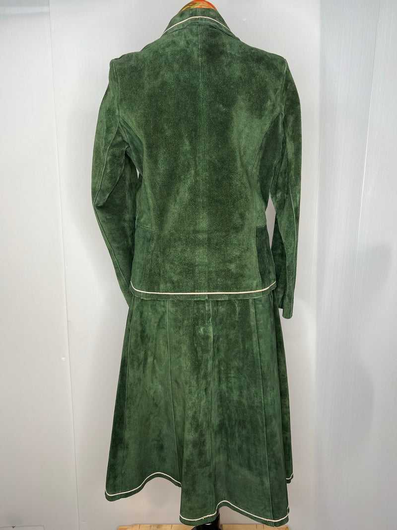 womens jacket  womens  white trim  vintage  Urban Village Vintage  urban village  two piece  suit  Suede Jacket  Suede  Skirts  set  matching set  knee length  Jacket  green  A-Line  70s  1970s  10