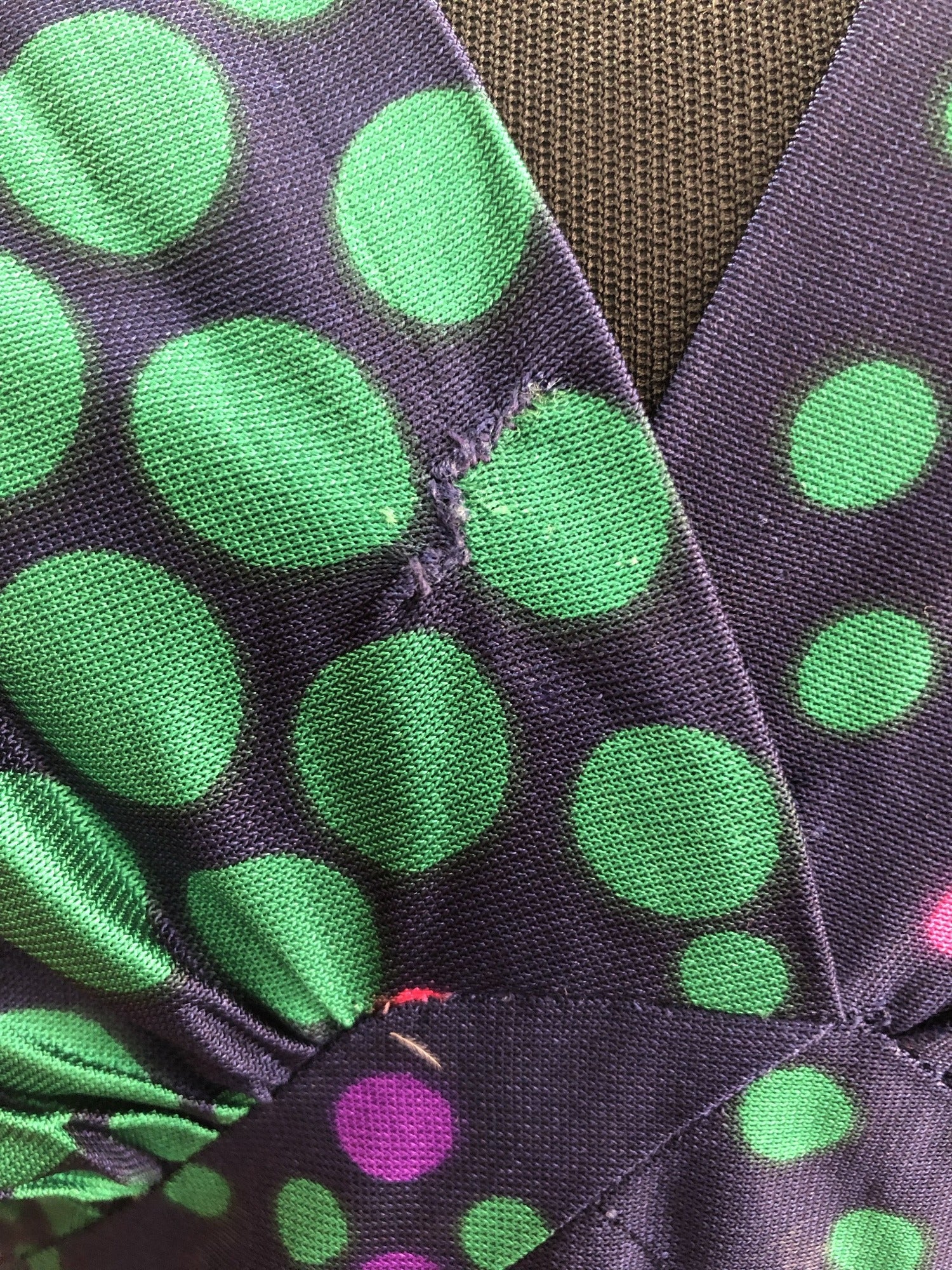 womens  vintage  v-neck dress  Urban Village Vintage  retro  purple  multi  maxi dress  Frederick Howard  dress  circle print  bell sleeve  70s  1970s  12