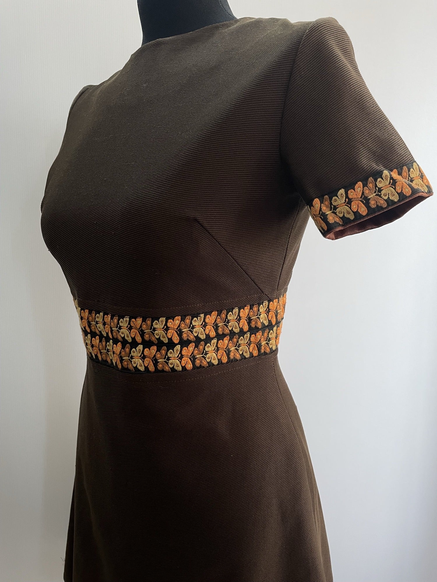 zip back  womens  vintage  Urban Village Vintage  short dress  scooter dress  scooter  modette  MOD  mini dress  micro mini  embroidery  dress  dolly dress  dolly  butterfly  brown  A-line  8  60s  1960s