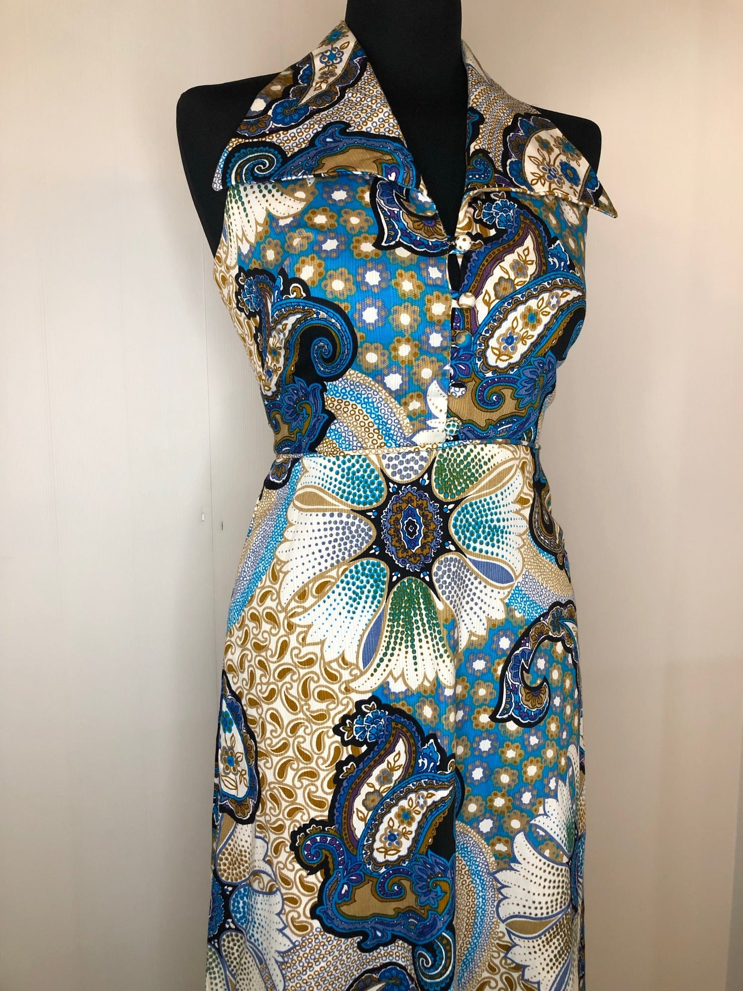 womens  vintage  Urban Village Vintage  urban village  summer dress  summer  maxi dress  large collar  hippie  full length  floral print  button detailing  blue  8  70s  70  1970s