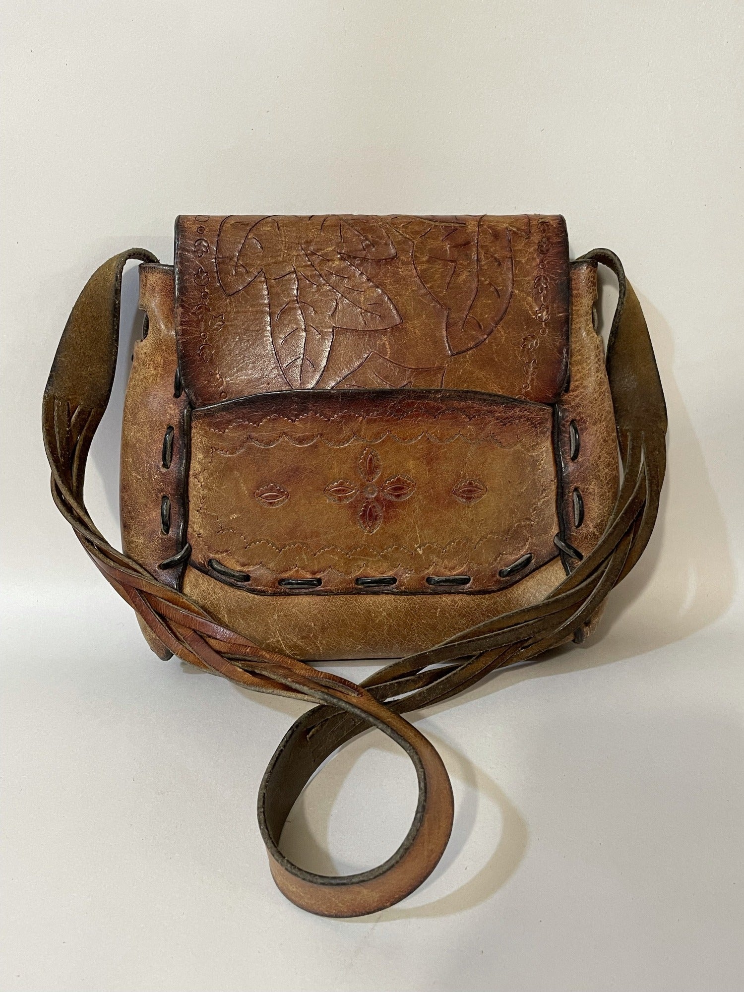 tooled  hippy  hippie  boho  womens bag  womens  vintage  Urban Village Vintage  tan  Shoulder bag  shoulder  Leather  leaf design  handbag  hand bag  embossed  brown  bag  accessories  70s  1970s