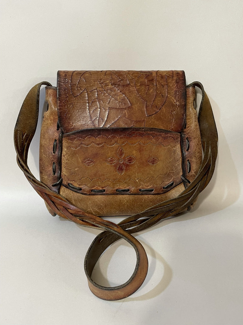 tooled  hippy  hippie  boho  womens bag  womens  vintage  Urban Village Vintage  tan  Shoulder bag  shoulder  Leather  leaf design  handbag  hand bag  embossed  brown  bag  accessories  70s  1970s