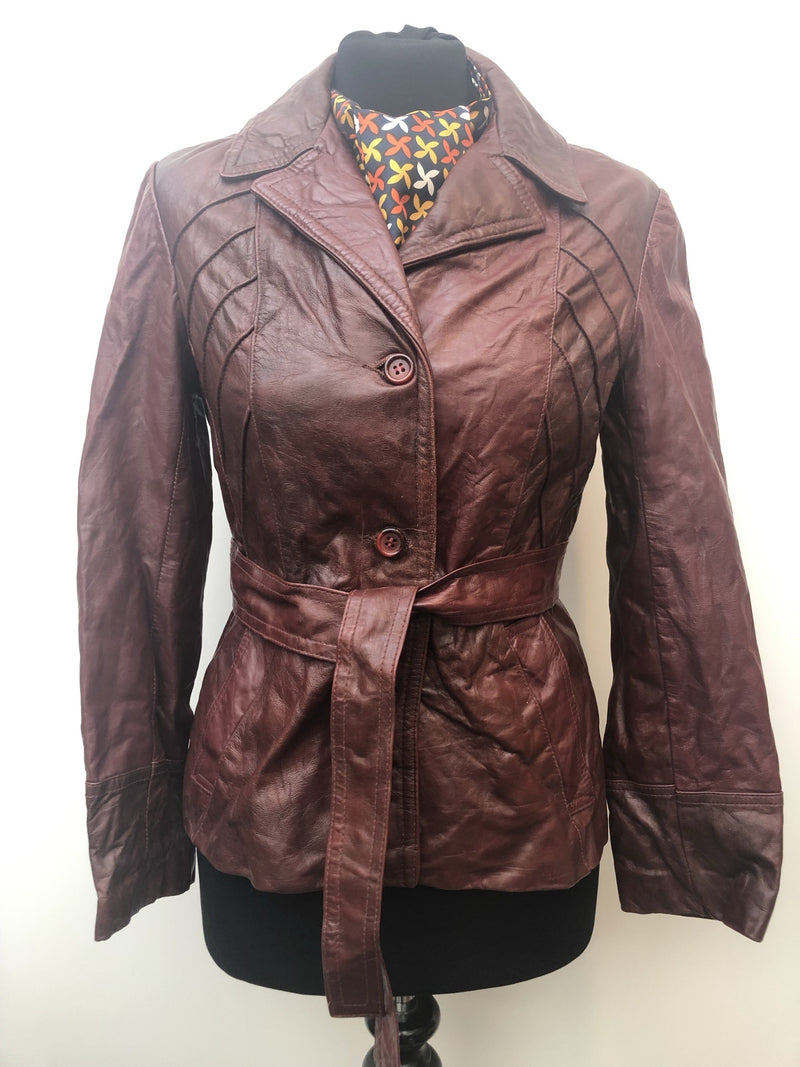 womens jacket  womens coat  womens  waist belt  vintage  Urban Village Vintage  urban village  soft leather  red  pockets  pleat back  Leather Jacket  Leather  Jacket  button down  button  brown leather  brown  Belted waist  belted jacket  belt  8  70s  70  1970s